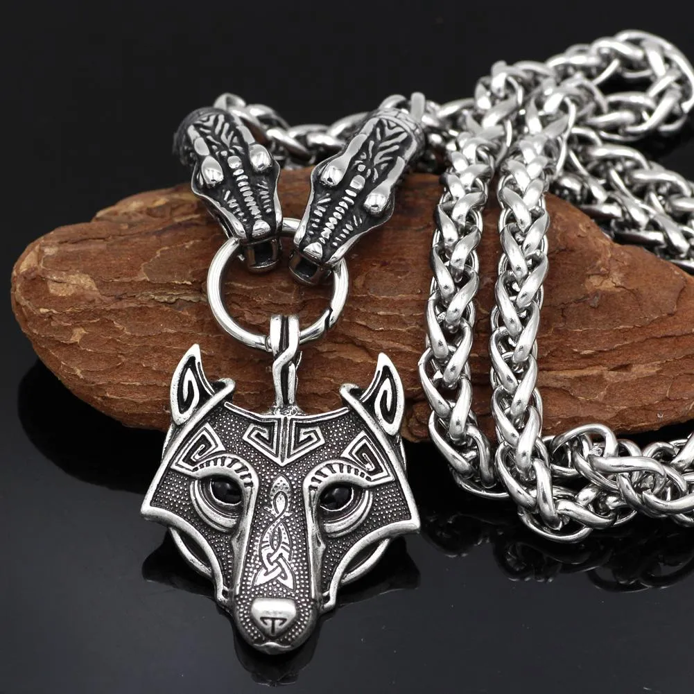 Norse Snake Chain Necklace with Thor's Hammer, Wolf and Worrier Pendant