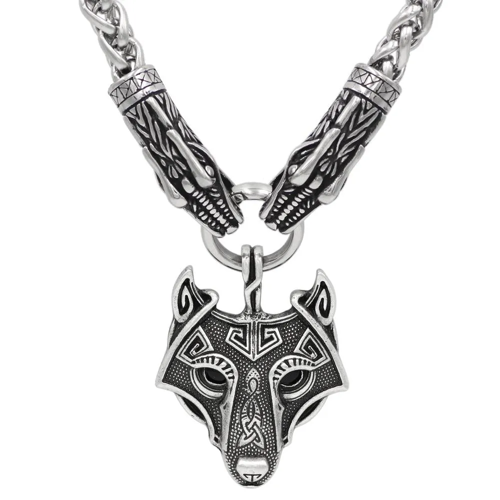 Norse Snake Chain Necklace with Thor's Hammer, Wolf and Worrier Pendant