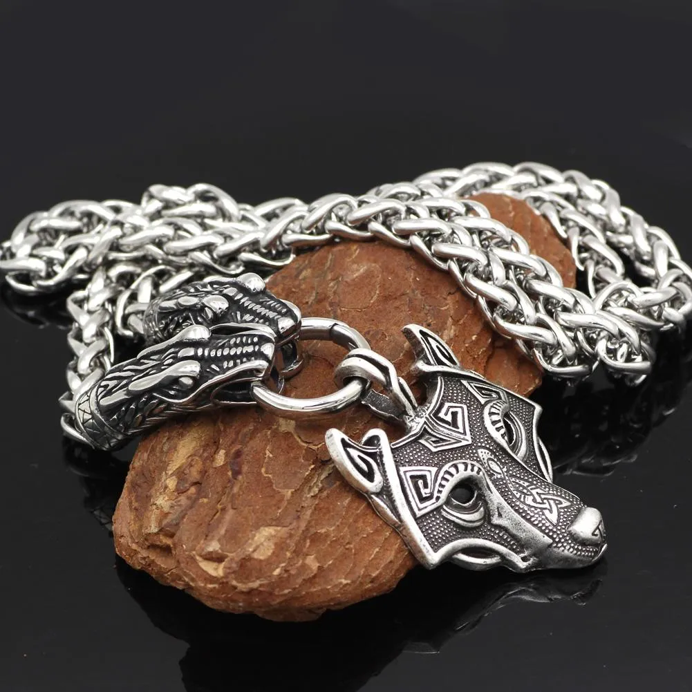 Norse Snake Chain Necklace with Thor's Hammer, Wolf and Worrier Pendant