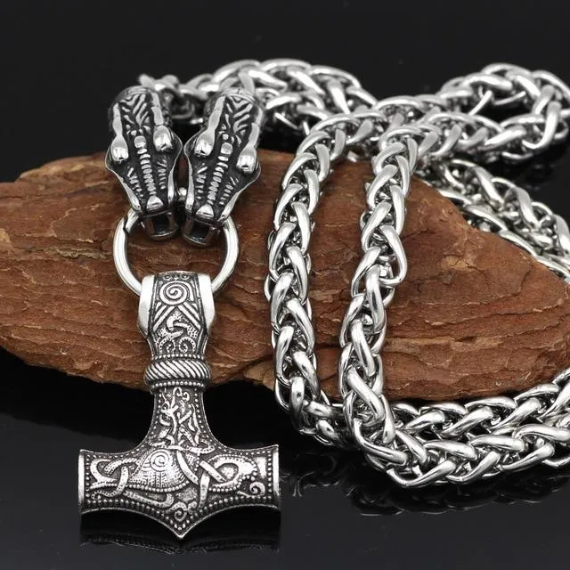 Norse Snake Chain Necklace with Thor's Hammer, Wolf and Worrier Pendant