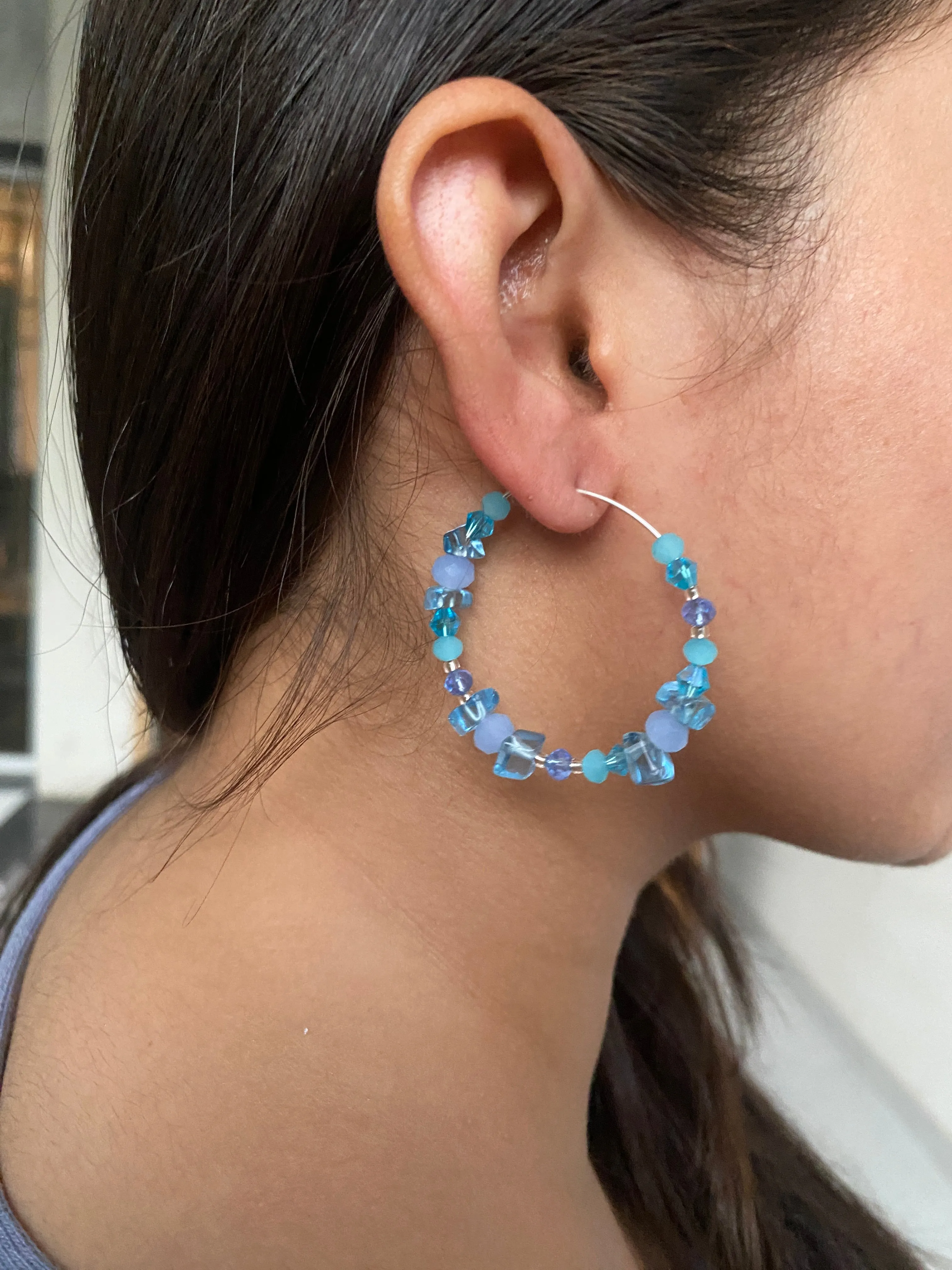 OCEAN BLUE CRYSTAL HOOP EARRINGS