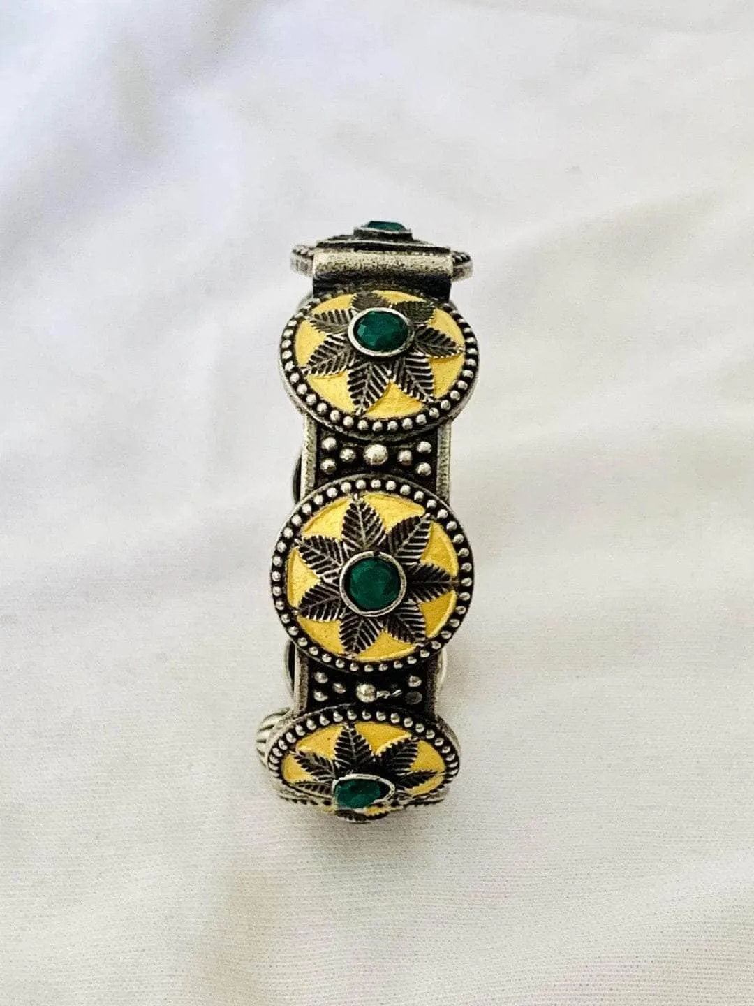 Oxidised Tribal Bangle With Green Stones