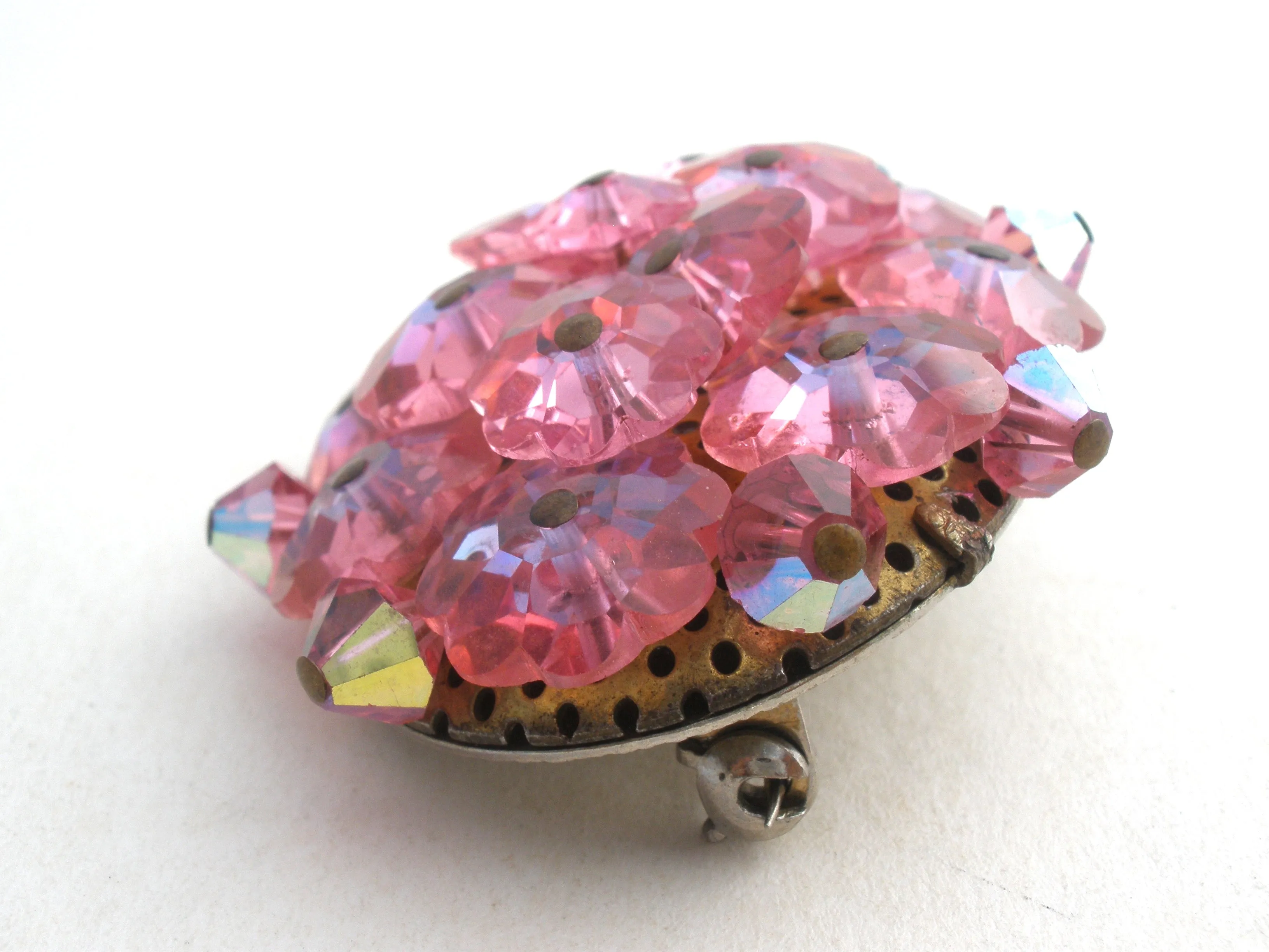 Pink Crystal Cluster Flower Brooch Pin Vintage