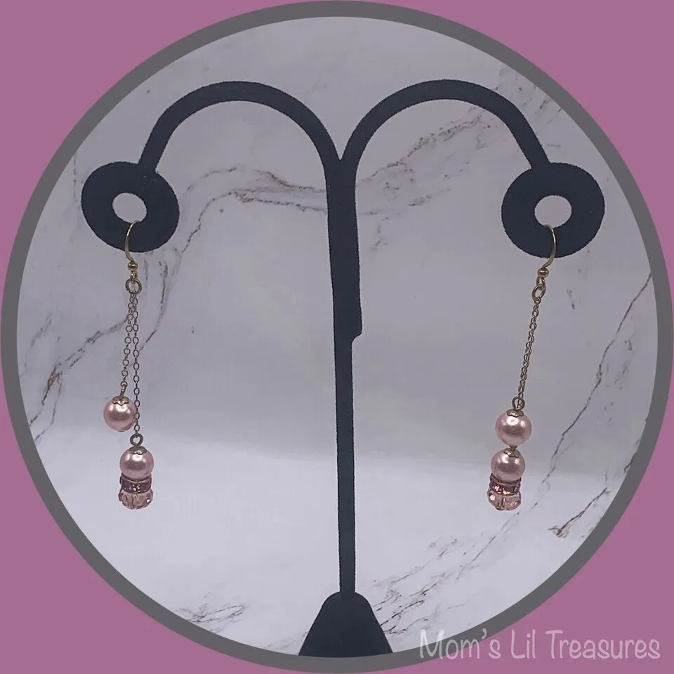 Pink Crystal Faux Pearl Rhinestone Gold Tone Chain • Dangle Earrings - Handmade