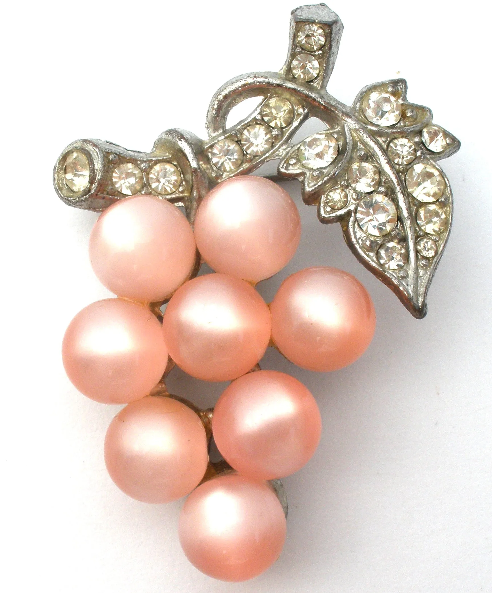 Pink Moonglow & Rhinestone Grape Brooch Pin Vintage