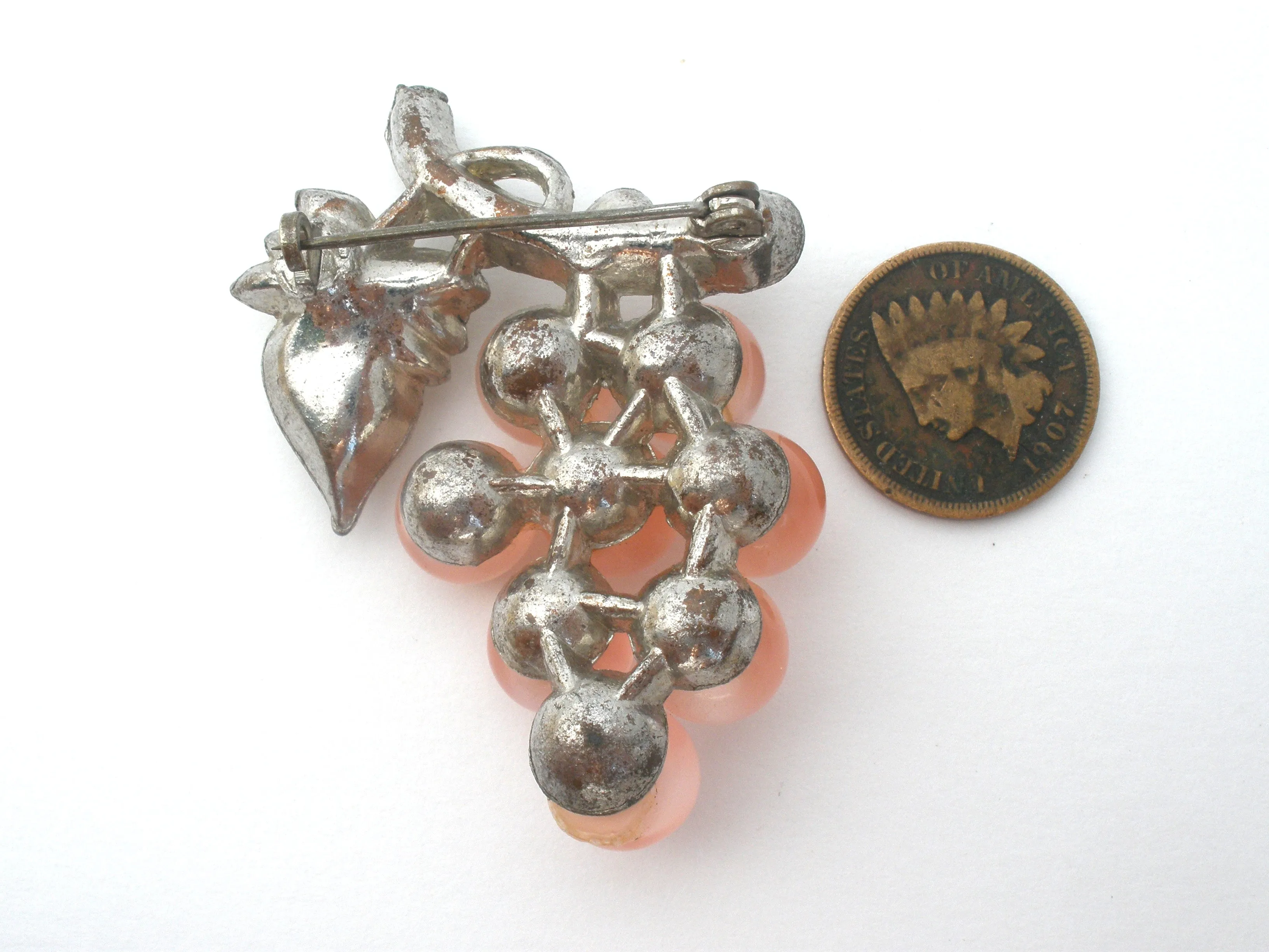 Pink Moonglow & Rhinestone Grape Brooch Pin Vintage