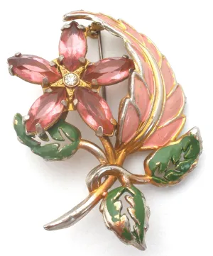 Pink Rhinestone & Enamel Flower Brooch Vintage