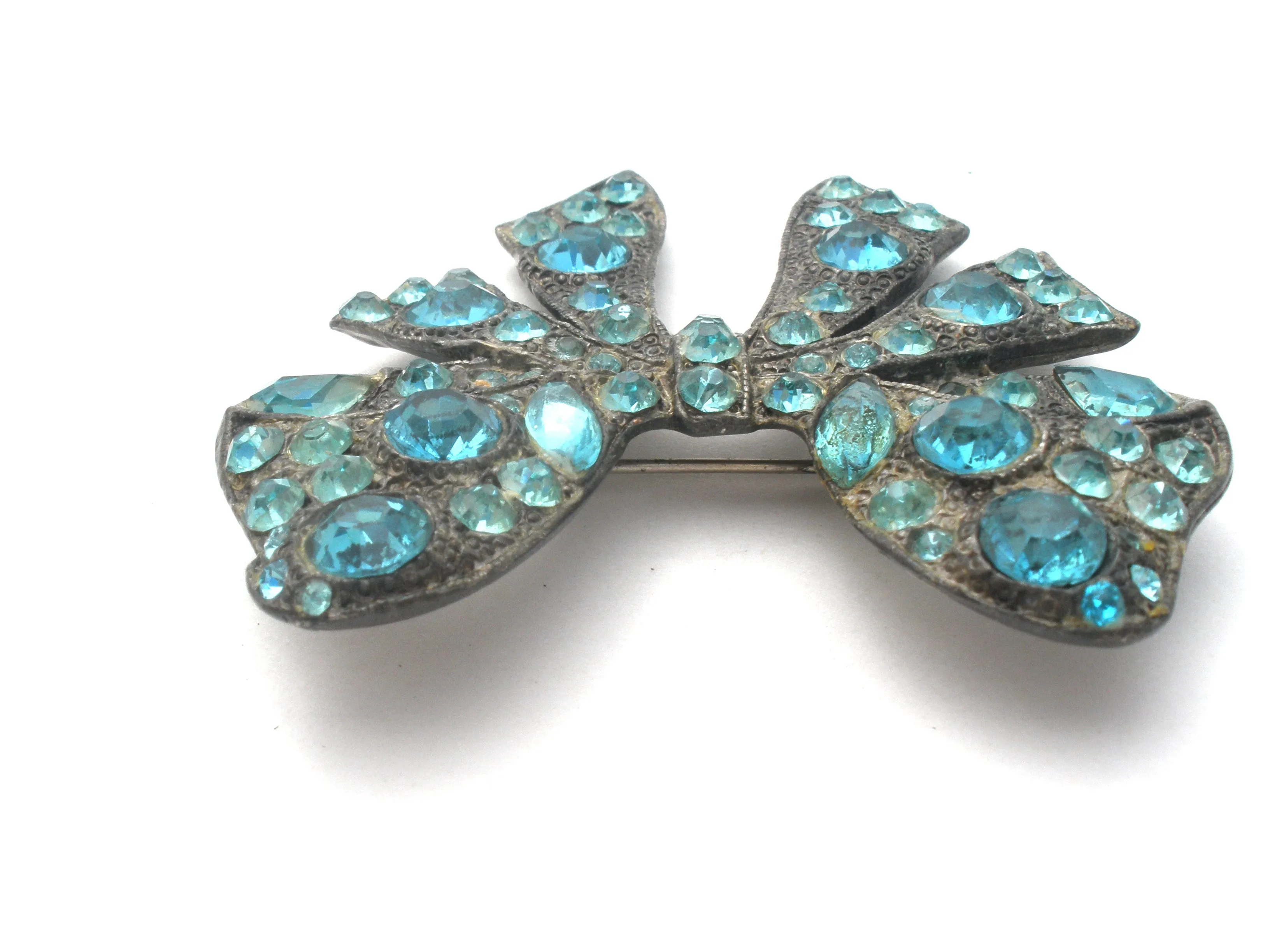 Pot Metal Blue Rhinestone Brooch Pin Vintage