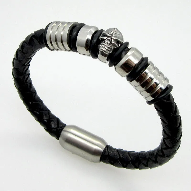 Punk Men Jewelry Pirate Style Silver Genuine Leather Skull Bracelets Magnet Wholesale Cuff Braided Wrap Black