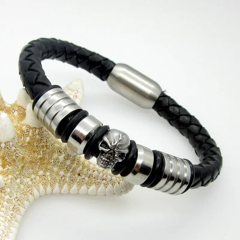 Punk Men Jewelry Pirate Style Silver Genuine Leather Skull Bracelets Magnet Wholesale Cuff Braided Wrap Black