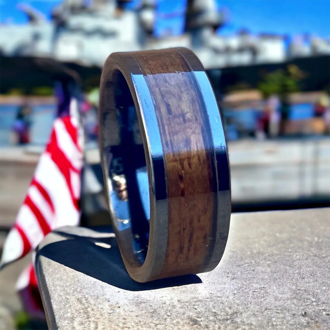 "The Battleship" 100% USA Made Black Ceramic Ring With Wood From The USS California