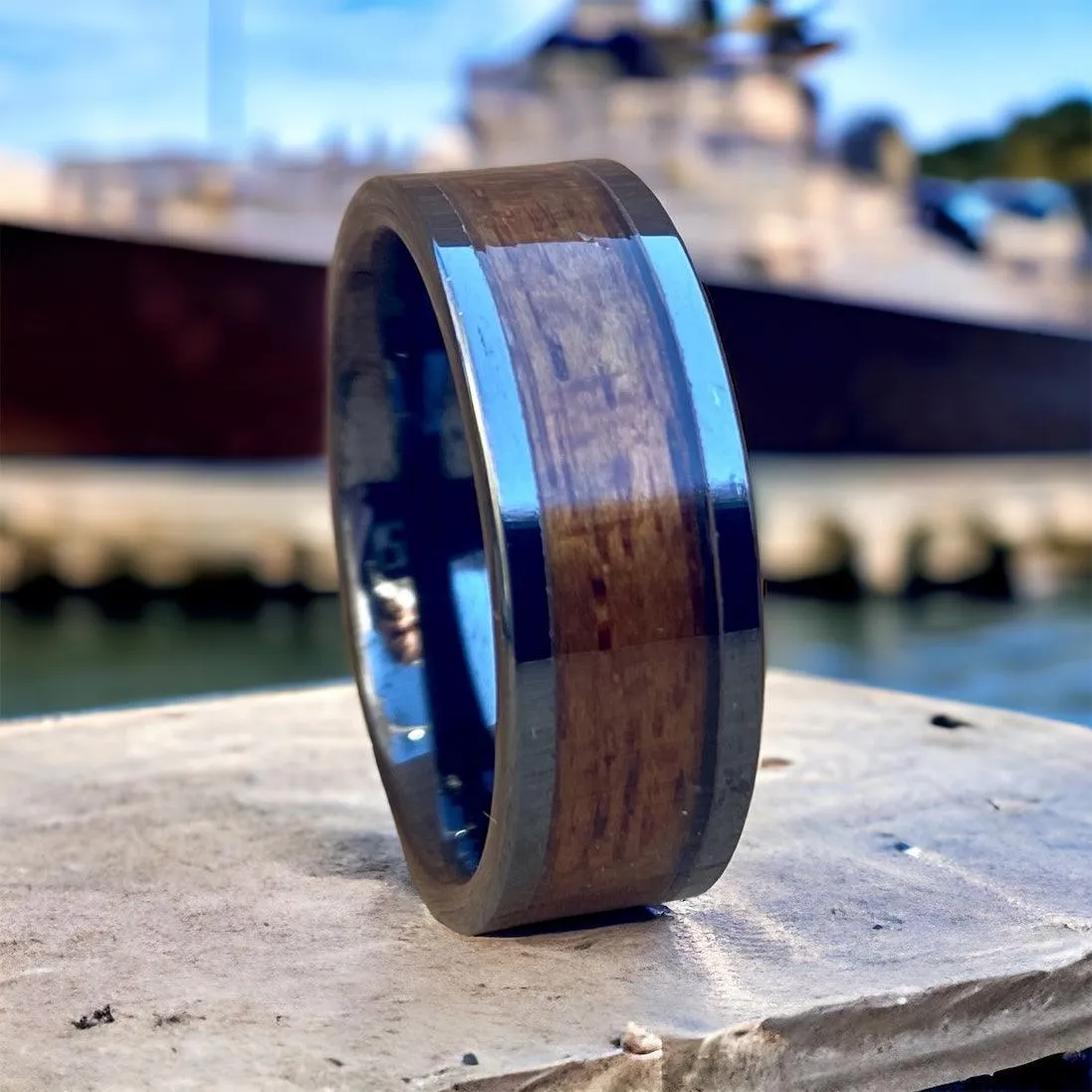 "The Battleship" 100% USA Made Black Ceramic Ring With Wood From The USS California