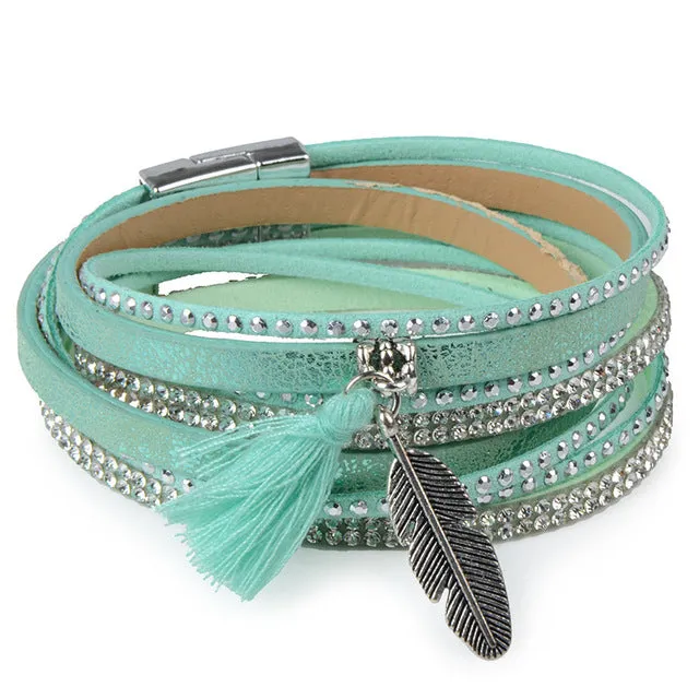 Rhinestone Feather Wide Multilayer Leather Bracelet Magnetic Tassel Bracelet Women Wrap Charm Boho Bohemian Bracelets Bangle Men