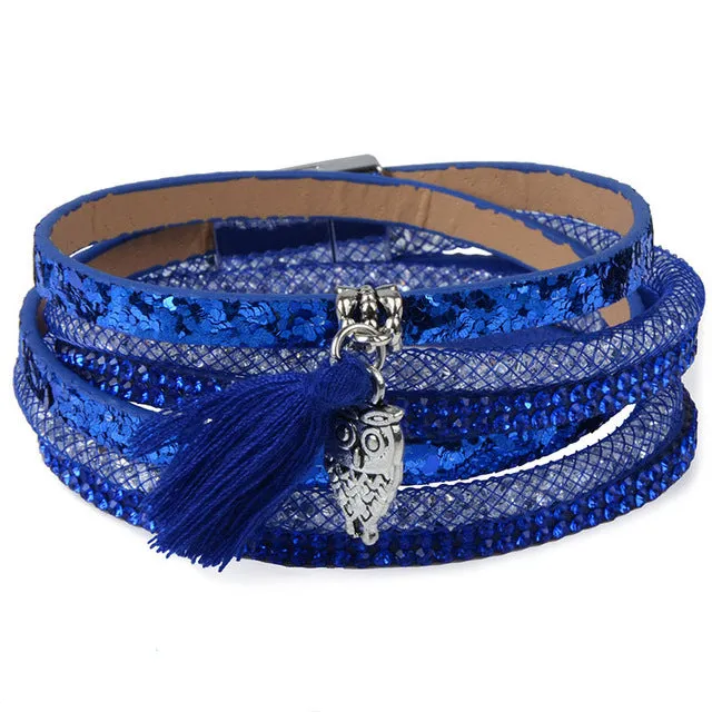 Rhinestone Feather Wide Multilayer Leather Bracelet Magnetic Tassel Bracelet Women Wrap Charm Boho Bohemian Bracelets Bangle Men