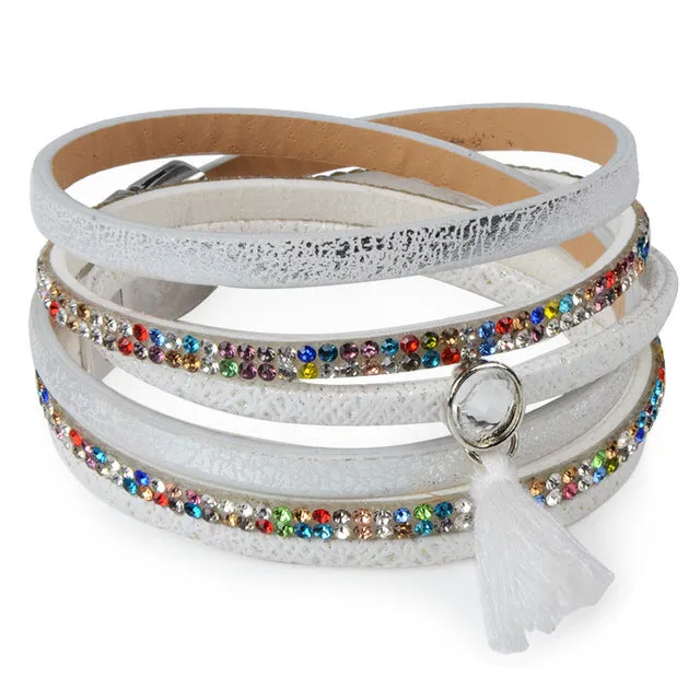 Rhinestone Feather Wide Multilayer Leather Bracelet Magnetic Tassel Bracelet Women Wrap Charm Boho Bohemian Bracelets Bangle Men