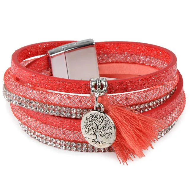 Rhinestone Feather Wide Multilayer Leather Bracelet Magnetic Tassel Bracelet Women Wrap Charm Boho Bohemian Bracelets Bangle Men