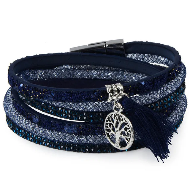 Rhinestone Feather Wide Multilayer Leather Bracelet Magnetic Tassel Bracelet Women Wrap Charm Boho Bohemian Bracelets Bangle Men