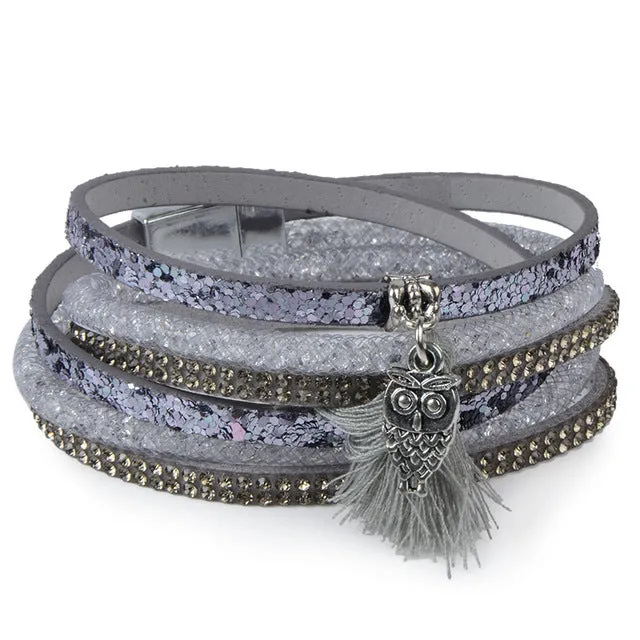 Rhinestone Feather Wide Multilayer Leather Bracelet Magnetic Tassel Bracelet Women Wrap Charm Boho Bohemian Bracelets Bangle Men