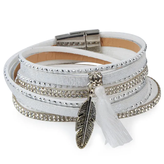 Rhinestone Feather Wide Multilayer Leather Bracelet Magnetic Tassel Bracelet Women Wrap Charm Boho Bohemian Bracelets Bangle Men