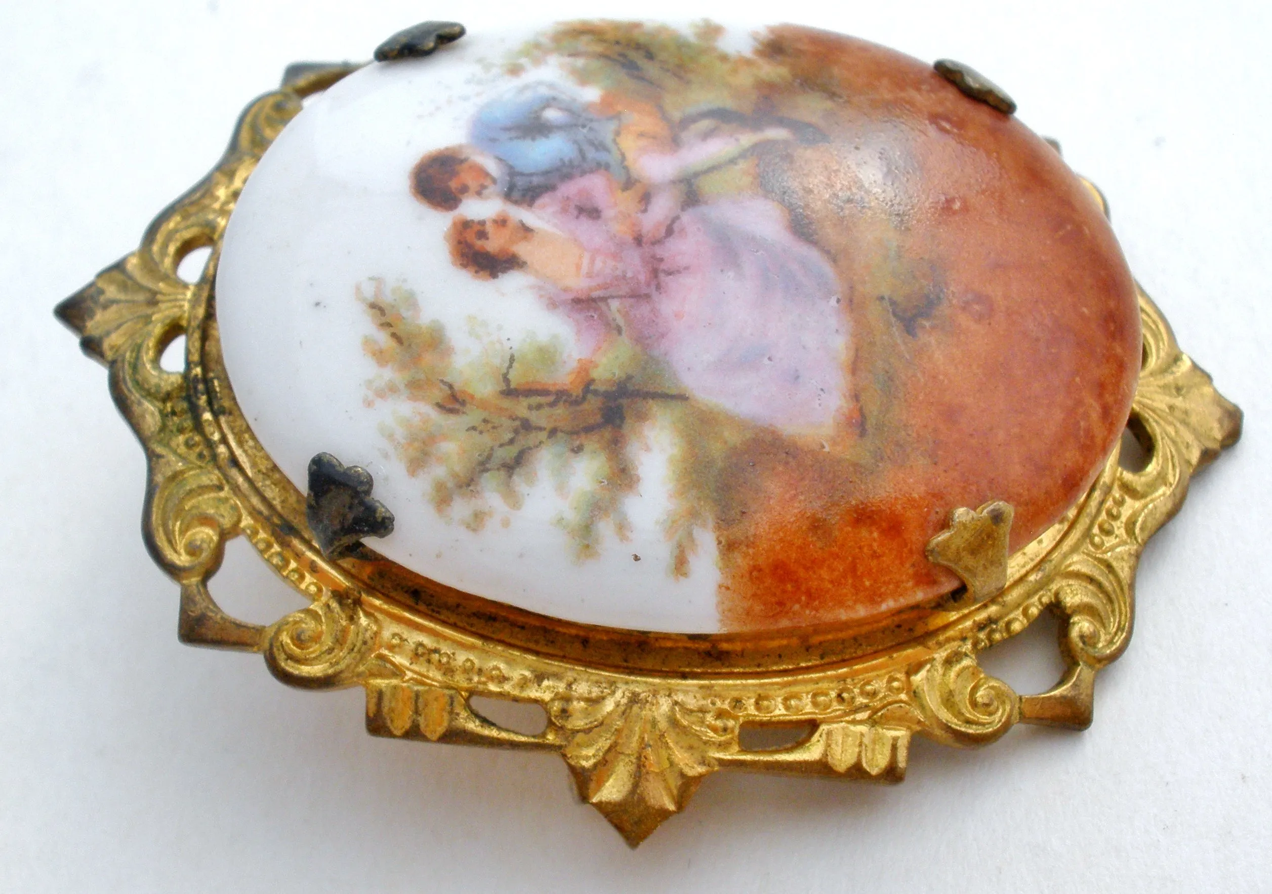 Romantic Couple Miniature Portrait Brooch Vintage