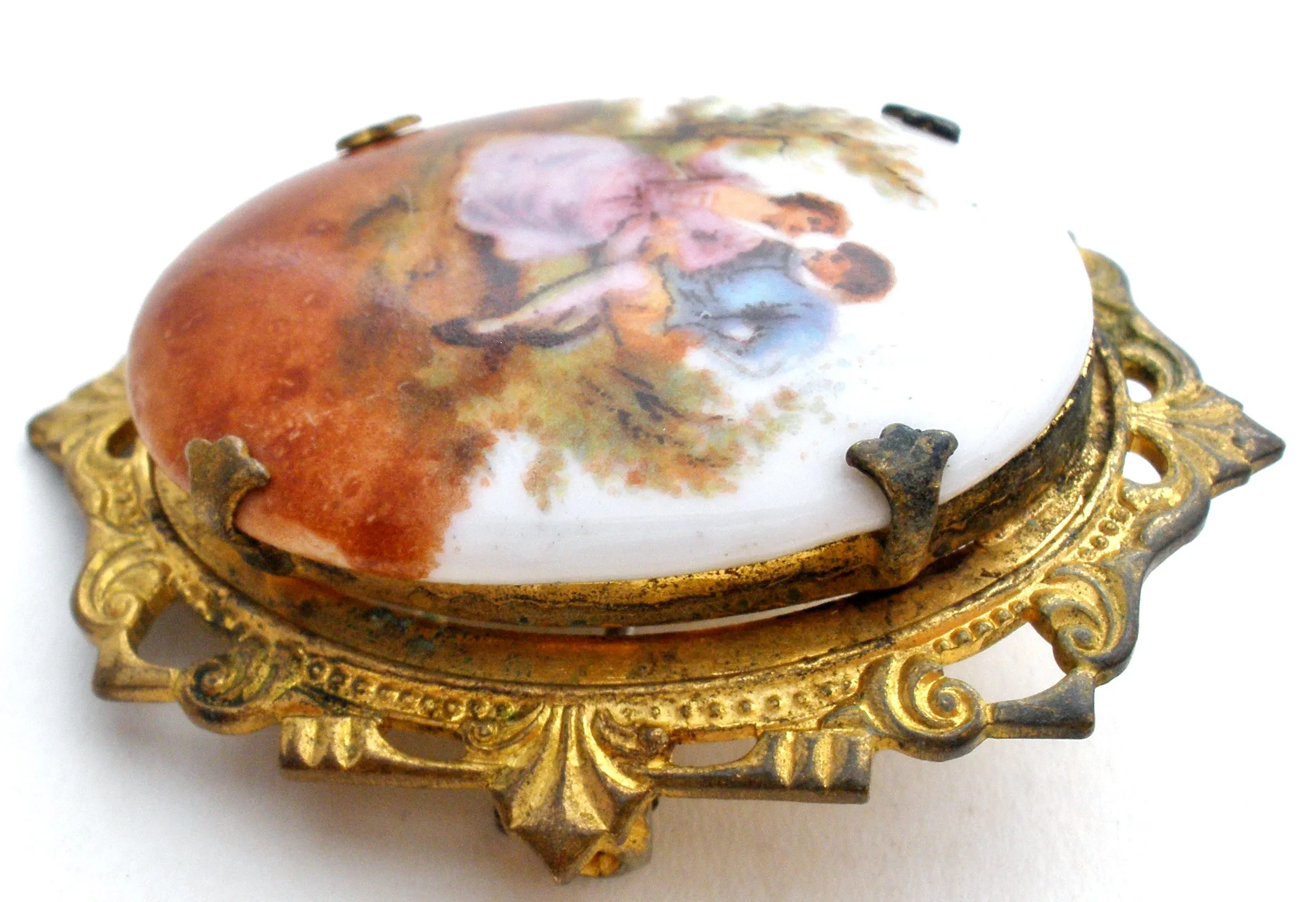 Romantic Couple Miniature Portrait Brooch Vintage