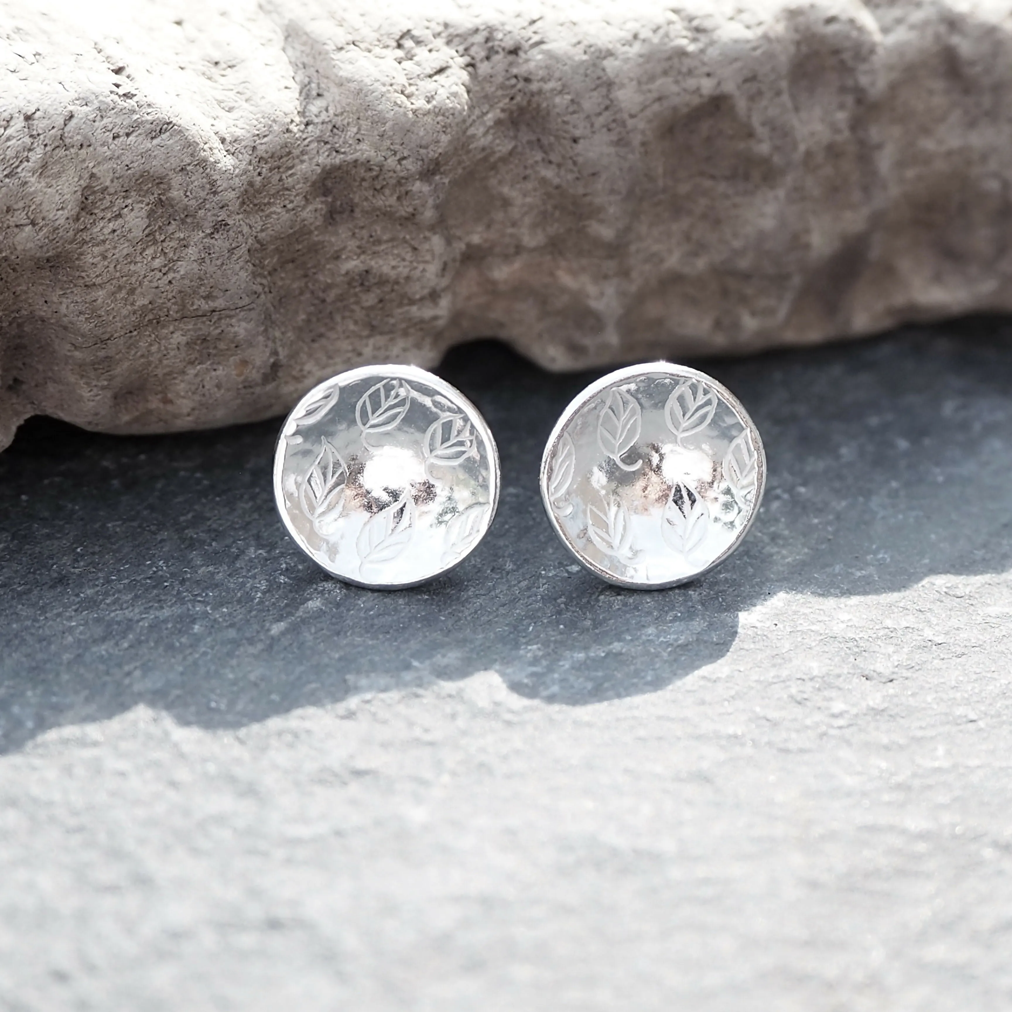 Round Leaf - Silver Stud Earrings