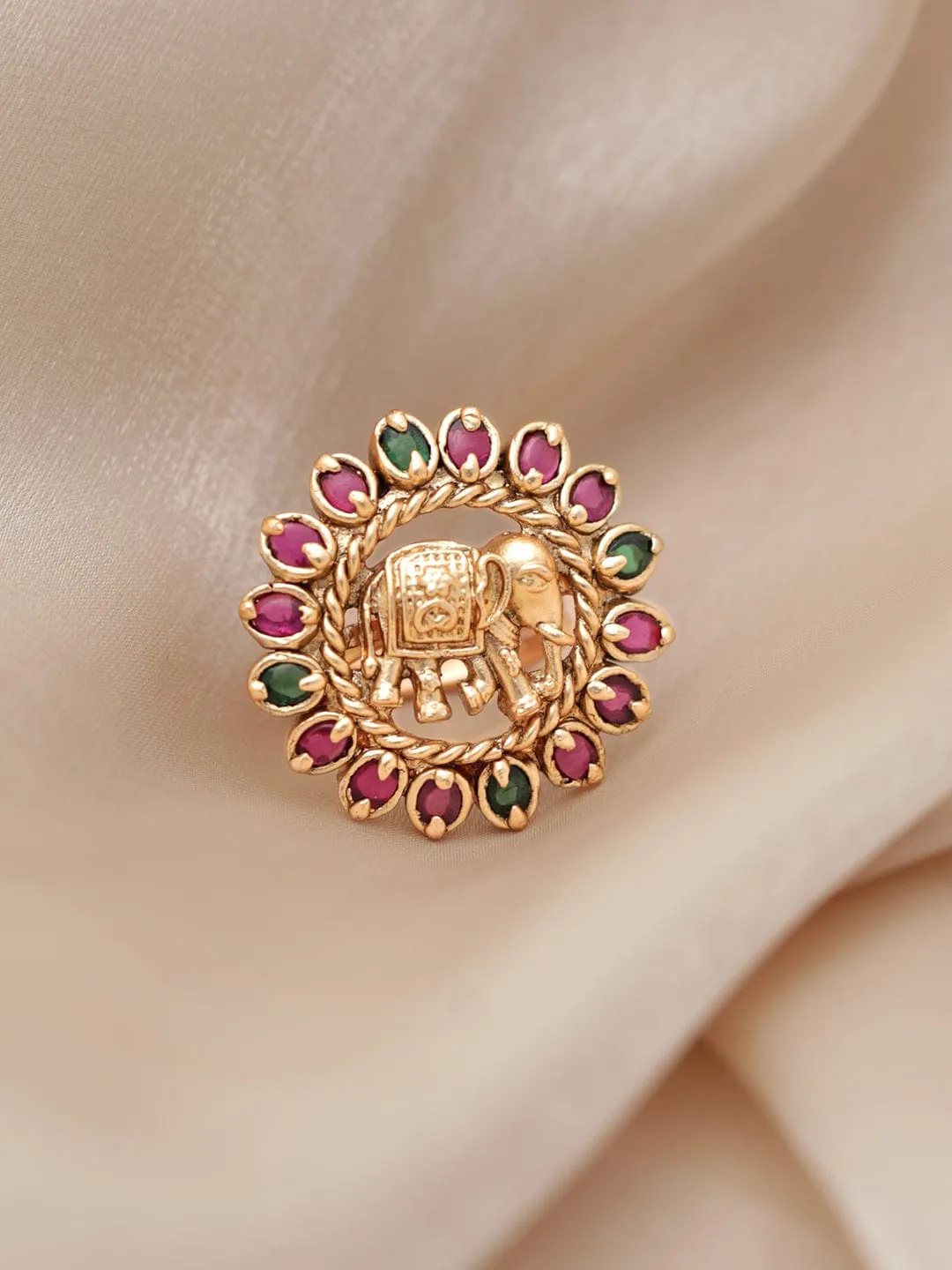 Rubans 22K Gold Plated Red & Green Zircons Studded Elephant Motif Temple Ring