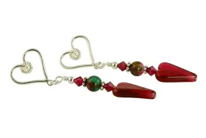 Ruby Crystal Heart Handmade Earrings