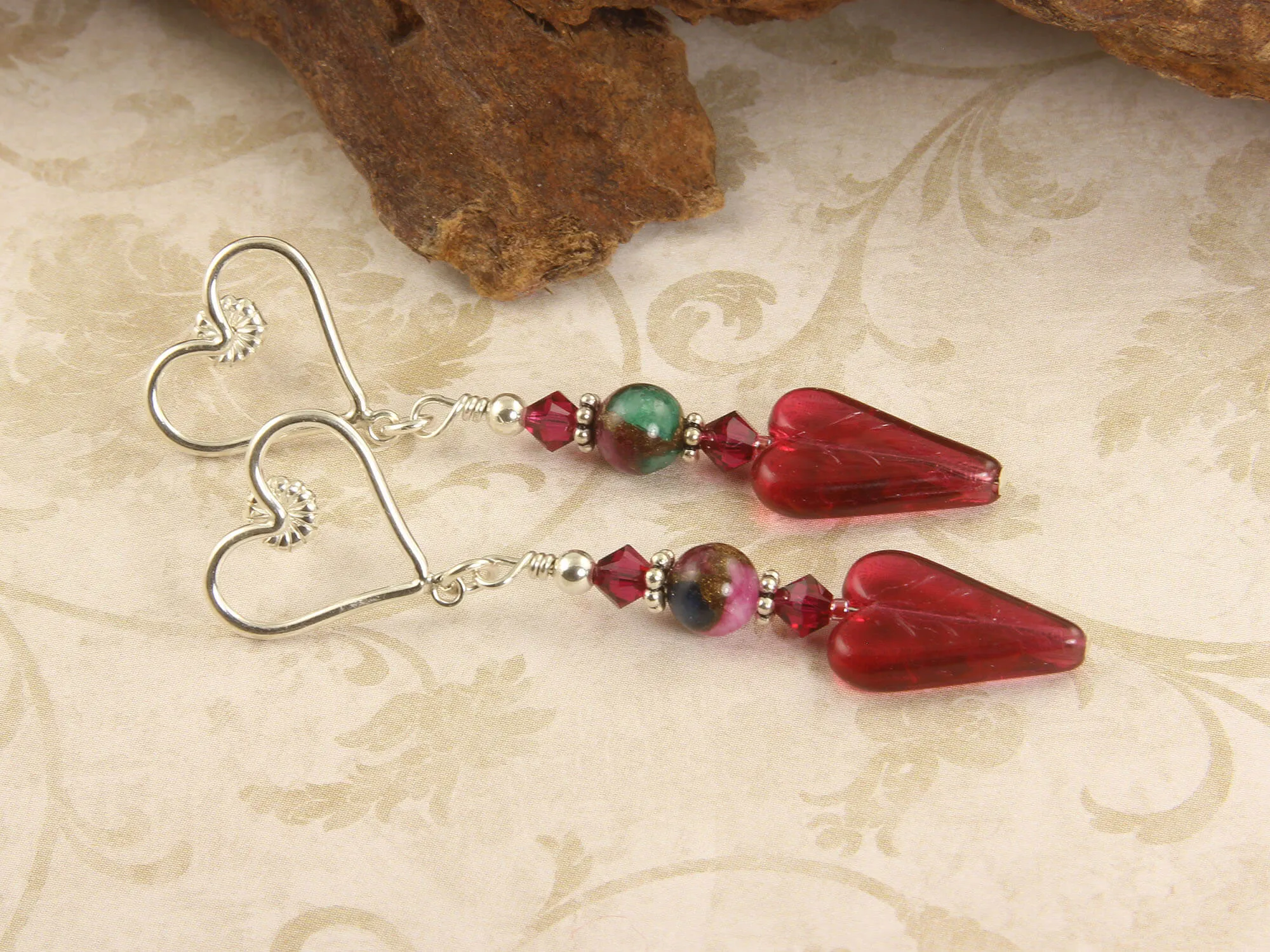 Ruby Crystal Heart Handmade Earrings