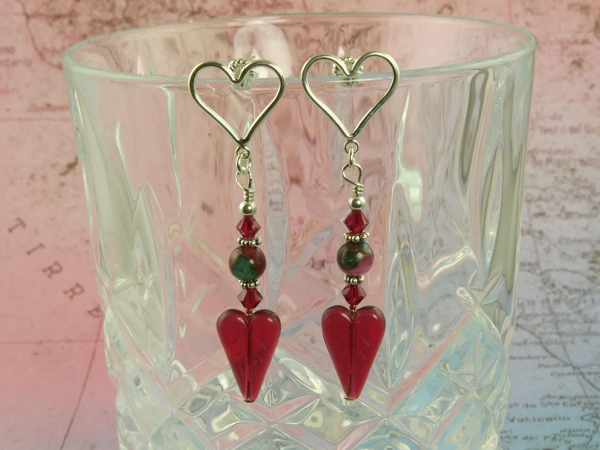 Ruby Crystal Heart Handmade Earrings