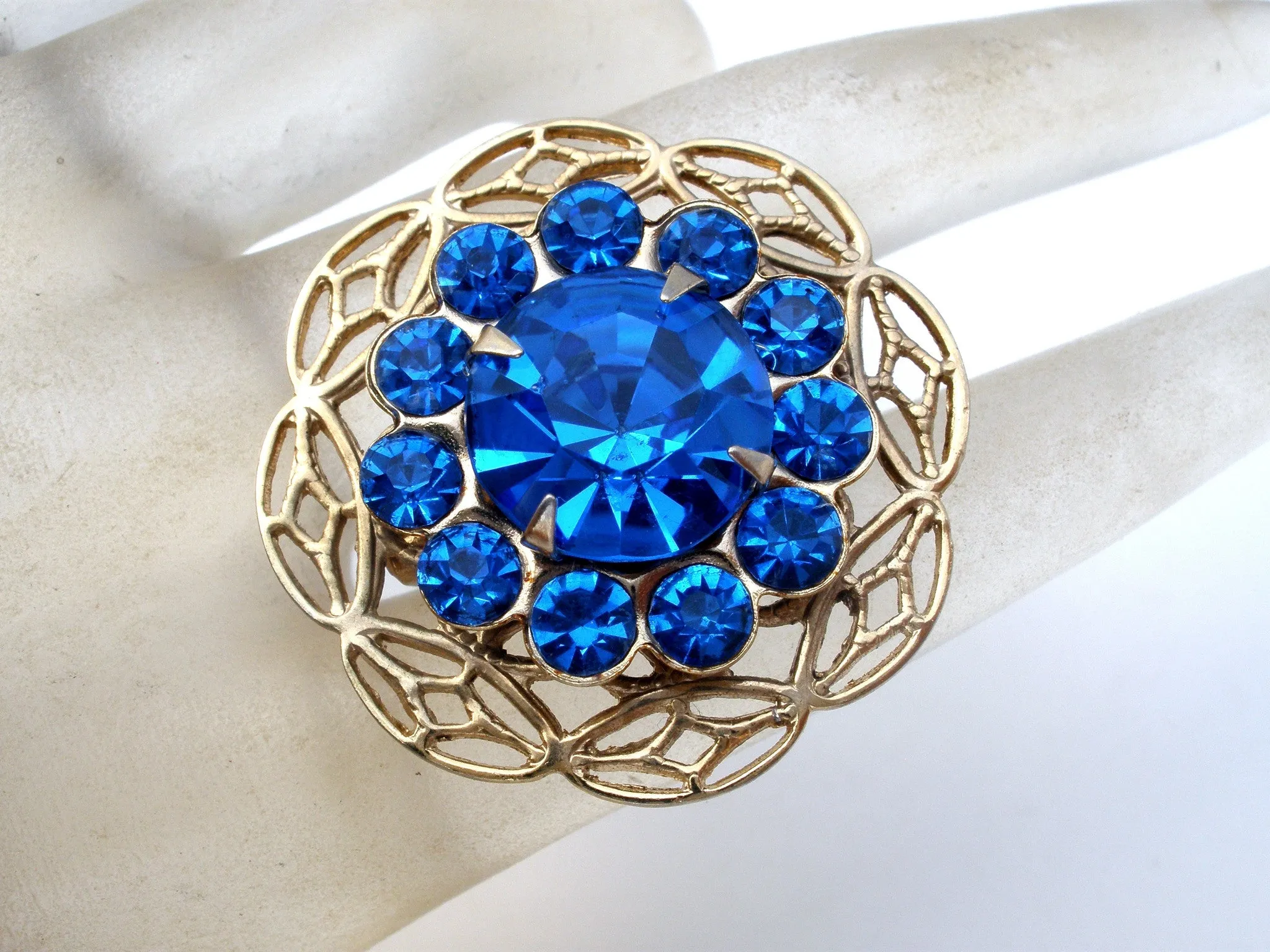 Sapphire Blue Rhinestone Brooch Pin Vintage