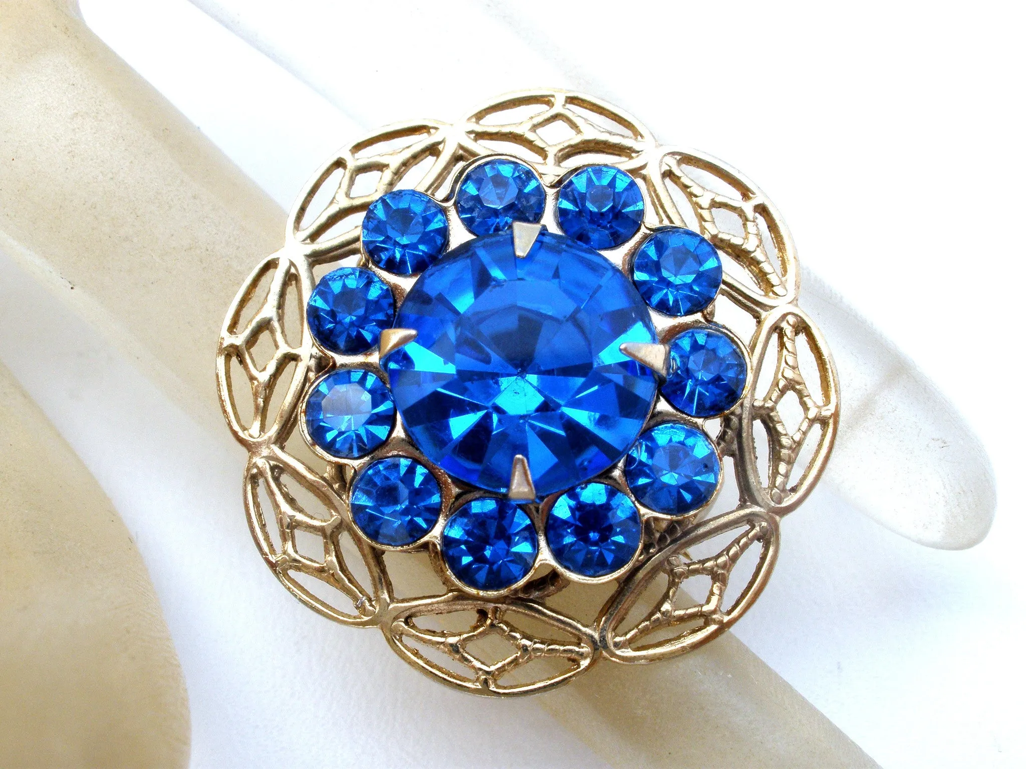 Sapphire Blue Rhinestone Brooch Pin Vintage