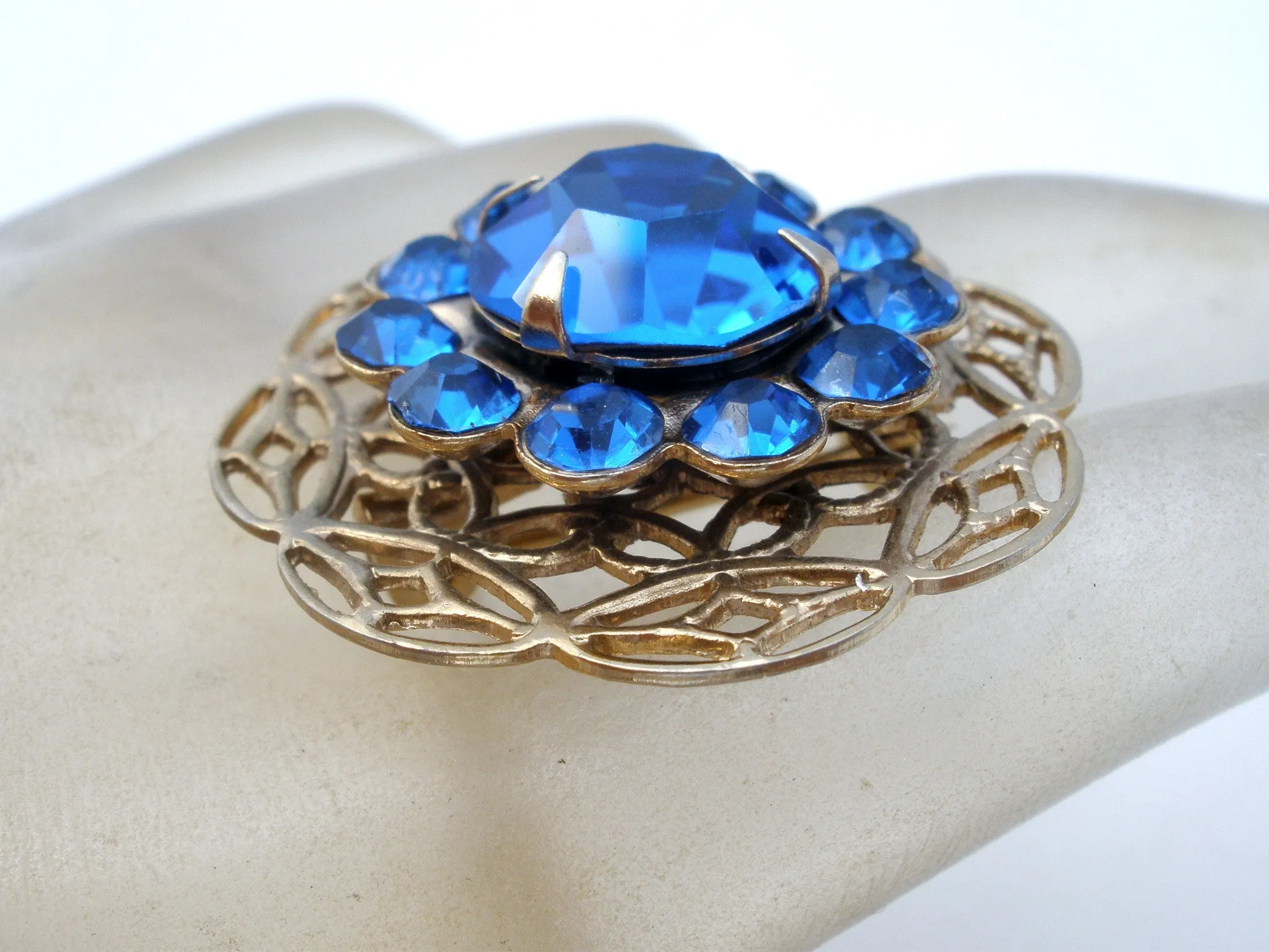 Sapphire Blue Rhinestone Brooch Pin Vintage