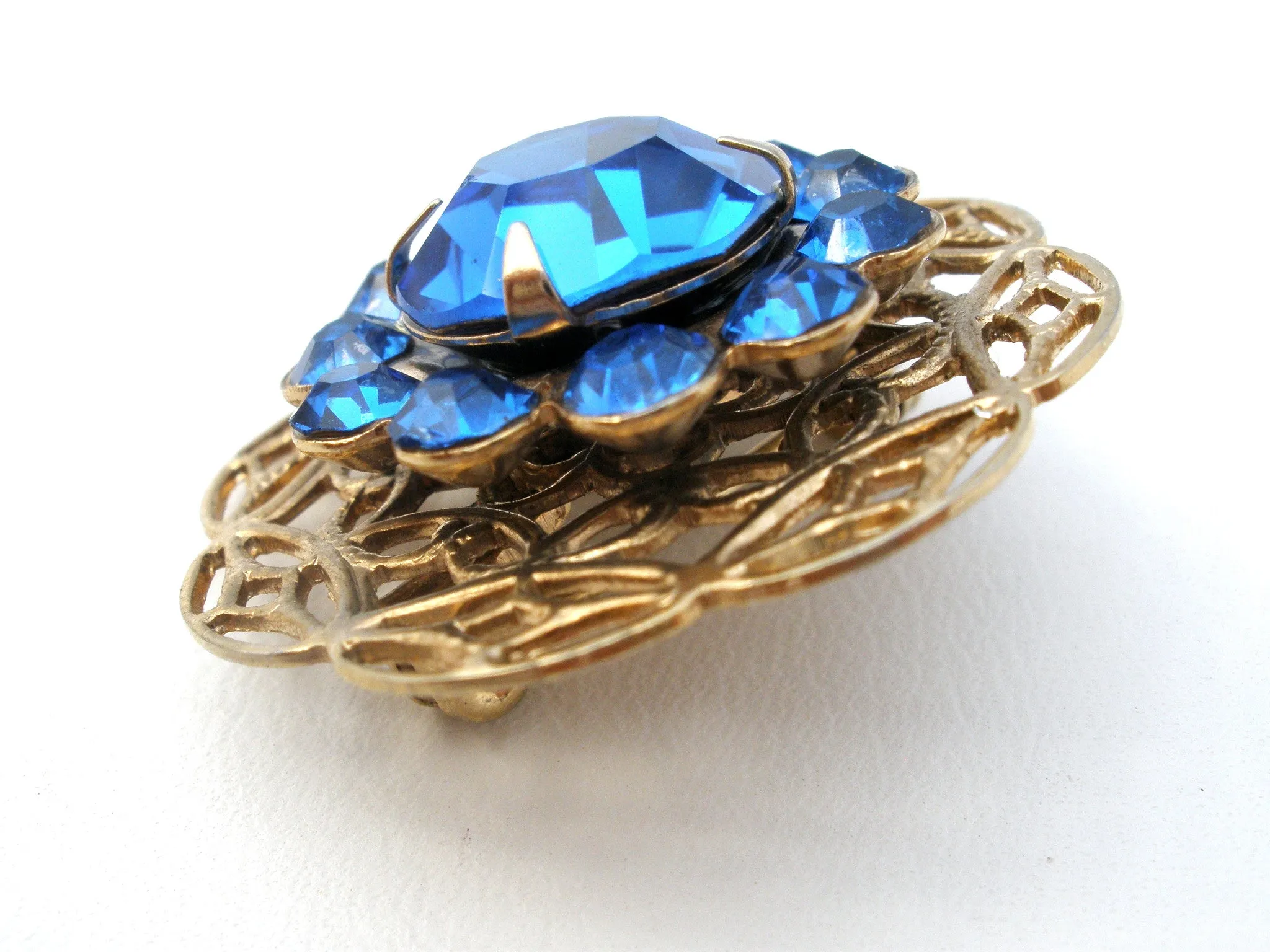 Sapphire Blue Rhinestone Brooch Pin Vintage