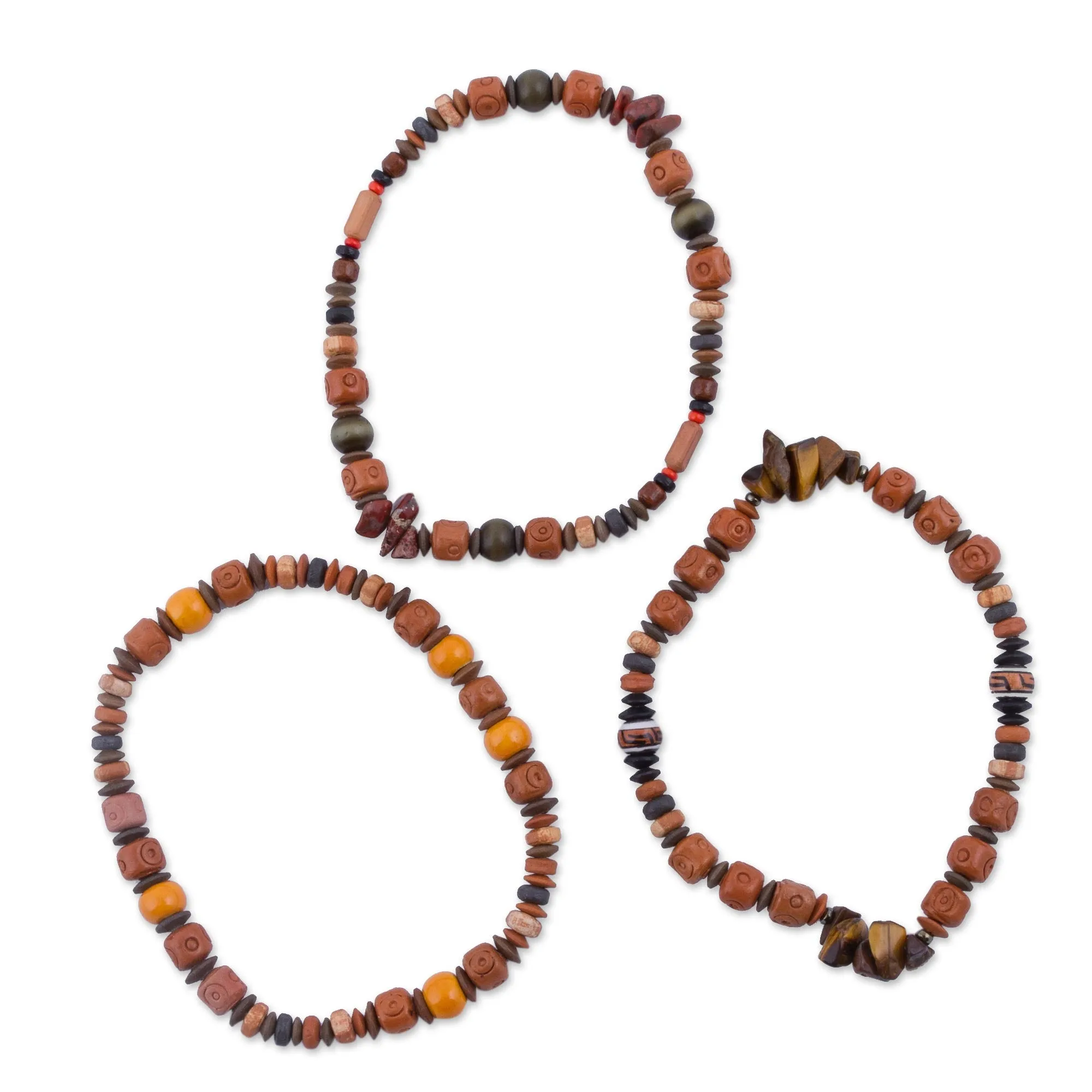 Set of 3 Tiger's Eye and Ceramic Beaded Bracelets from Peru - Andean Temples | NOVICA