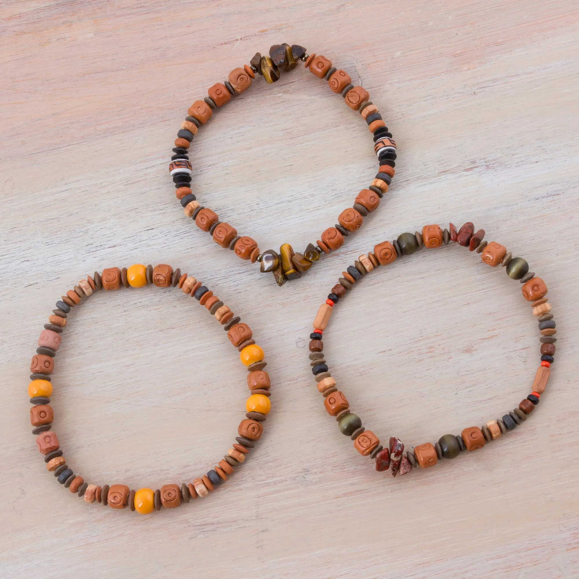 Set of 3 Tiger's Eye and Ceramic Beaded Bracelets from Peru - Andean Temples | NOVICA