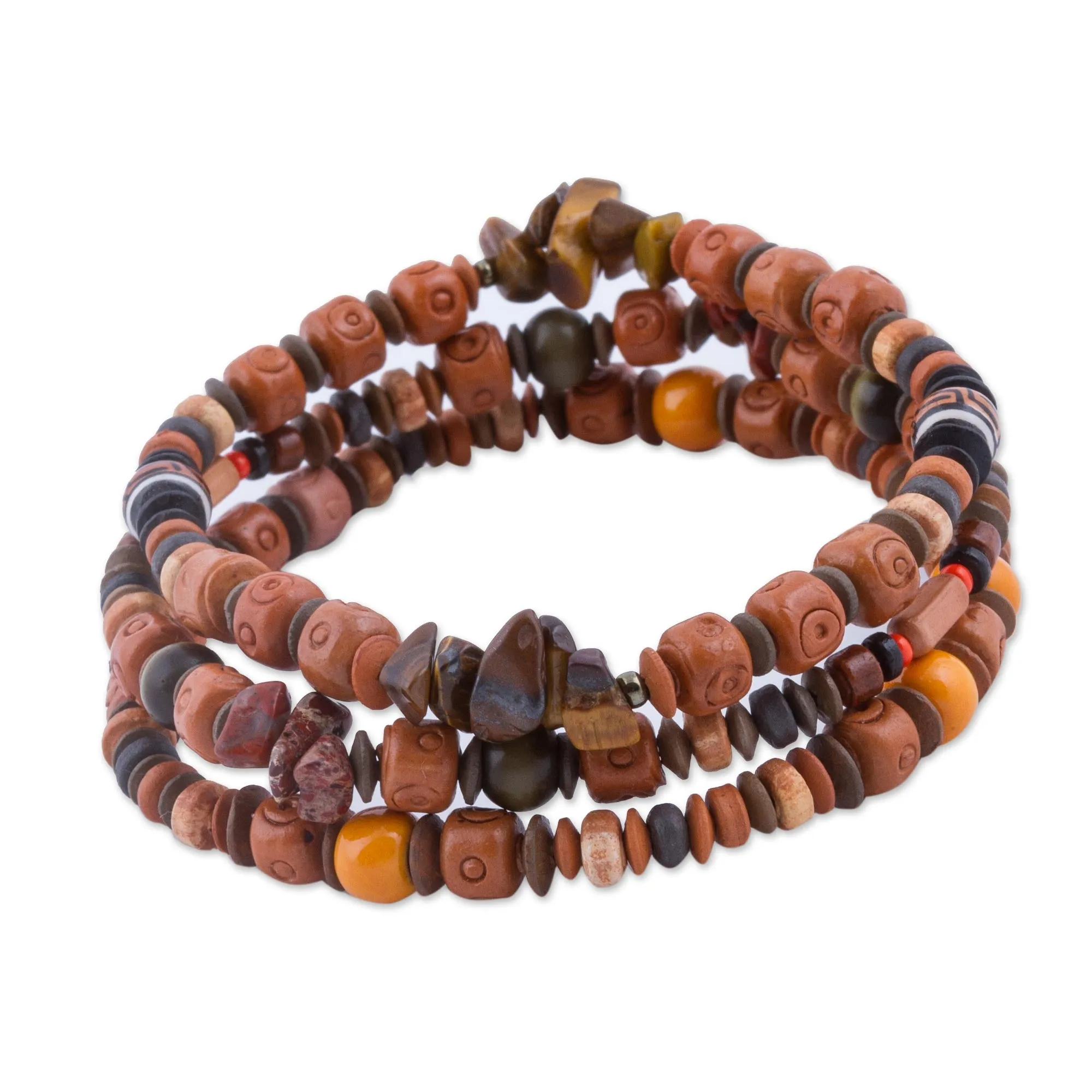 Set of 3 Tiger's Eye and Ceramic Beaded Bracelets from Peru - Andean Temples | NOVICA