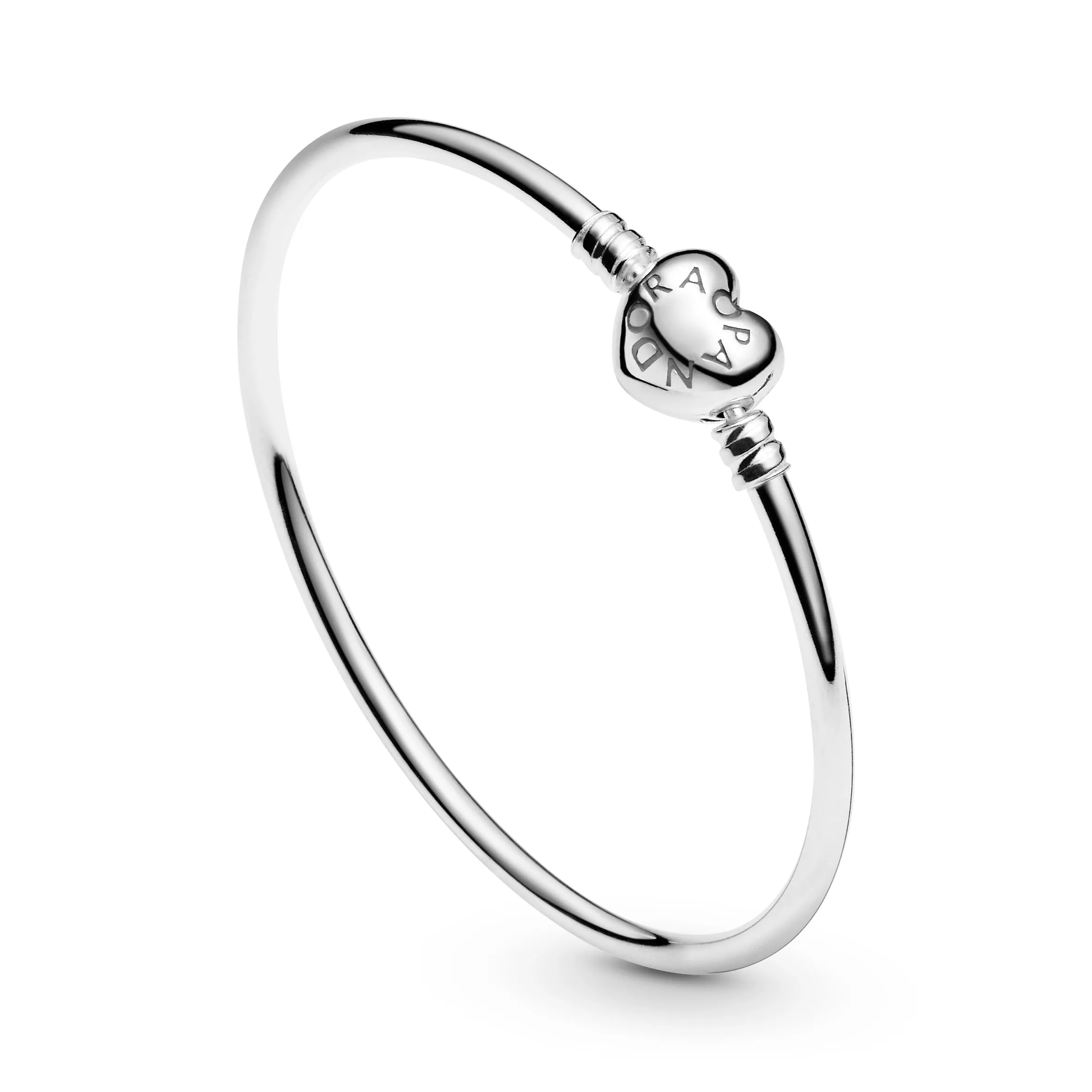 Silver bangle with heart-shaped clasp