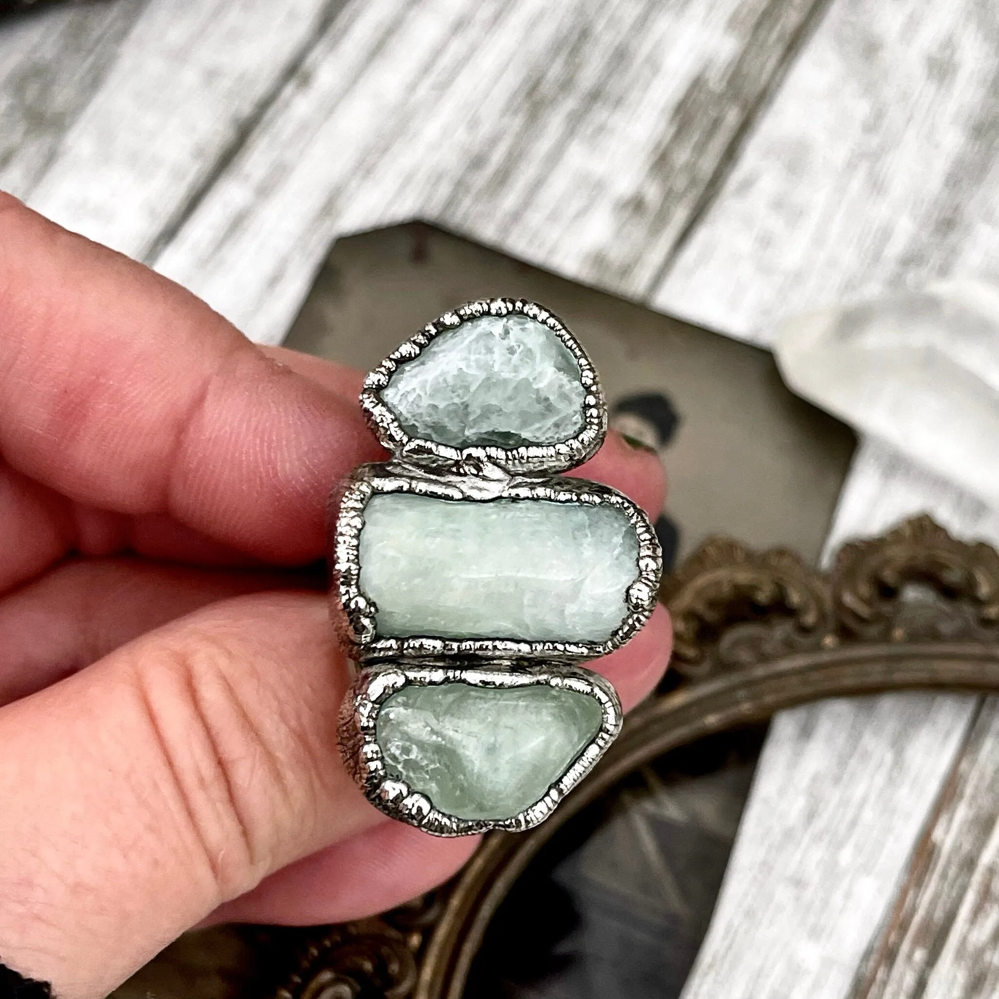 Size 7 Crystal Ring - Three Stone Ring Aquamarine Raw Ring In Silver / Foxlark Collection - One of a Kind