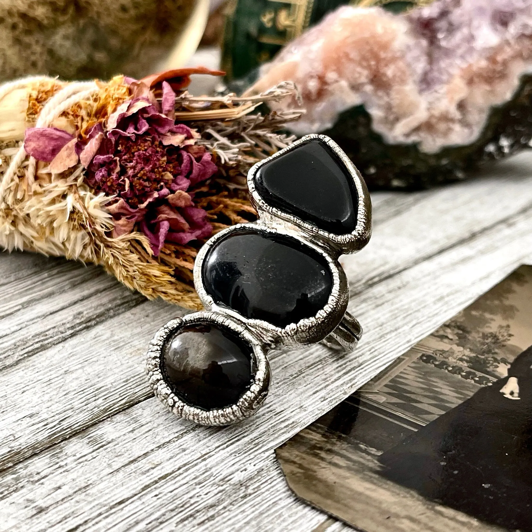 Size 7.5 Crystal Ring - Three Stone Black Onyx Black Star Sunstone Ring in Silver / Foxlark Collection - One of a Kind