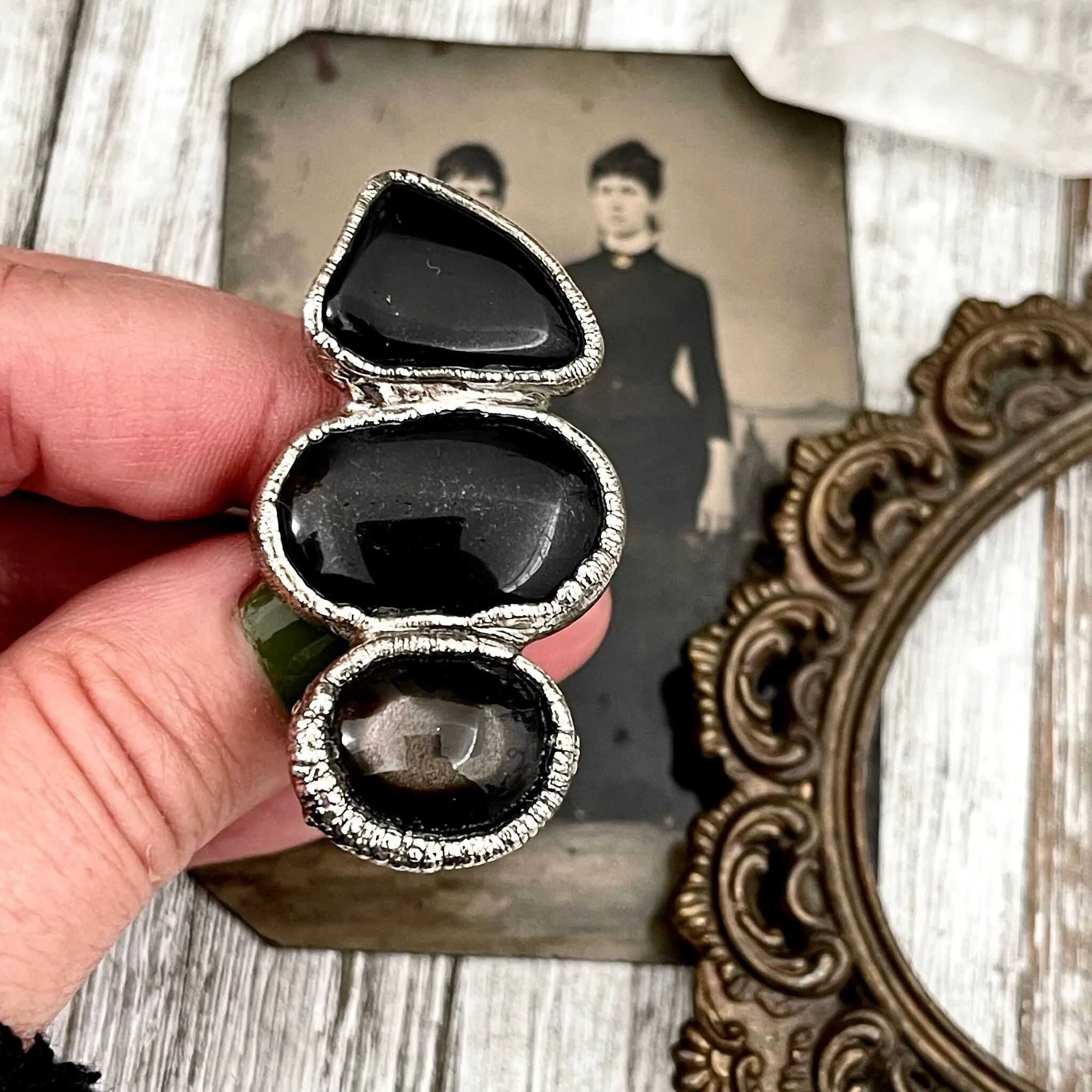 Size 7.5 Crystal Ring - Three Stone Black Onyx Black Star Sunstone Ring in Silver / Foxlark Collection - One of a Kind