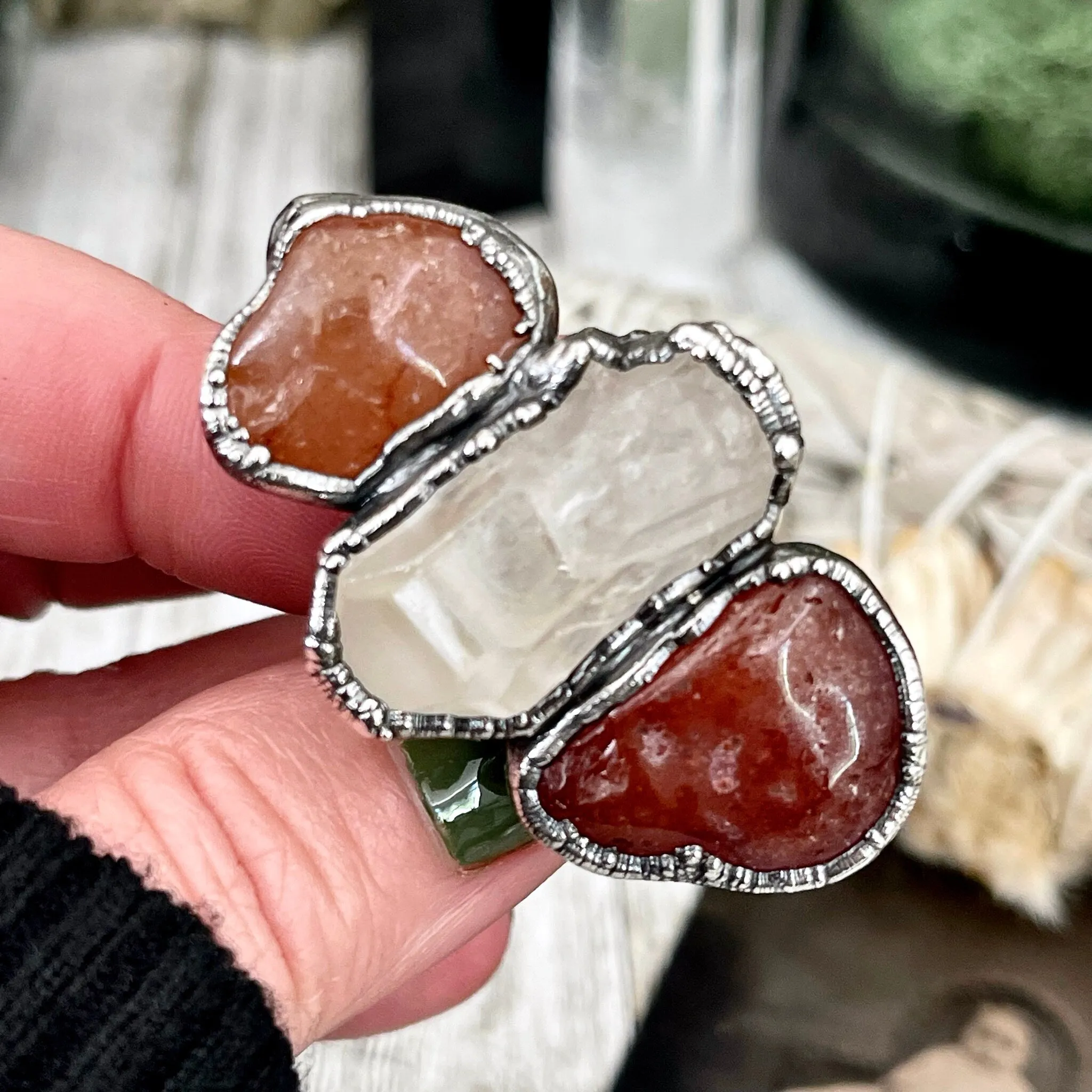 Size 8.5 Crystal Ring - Three Stone Ring Red Carnelian Clear Quartz Silver Ring / Foxlark Collection - One of a Kind