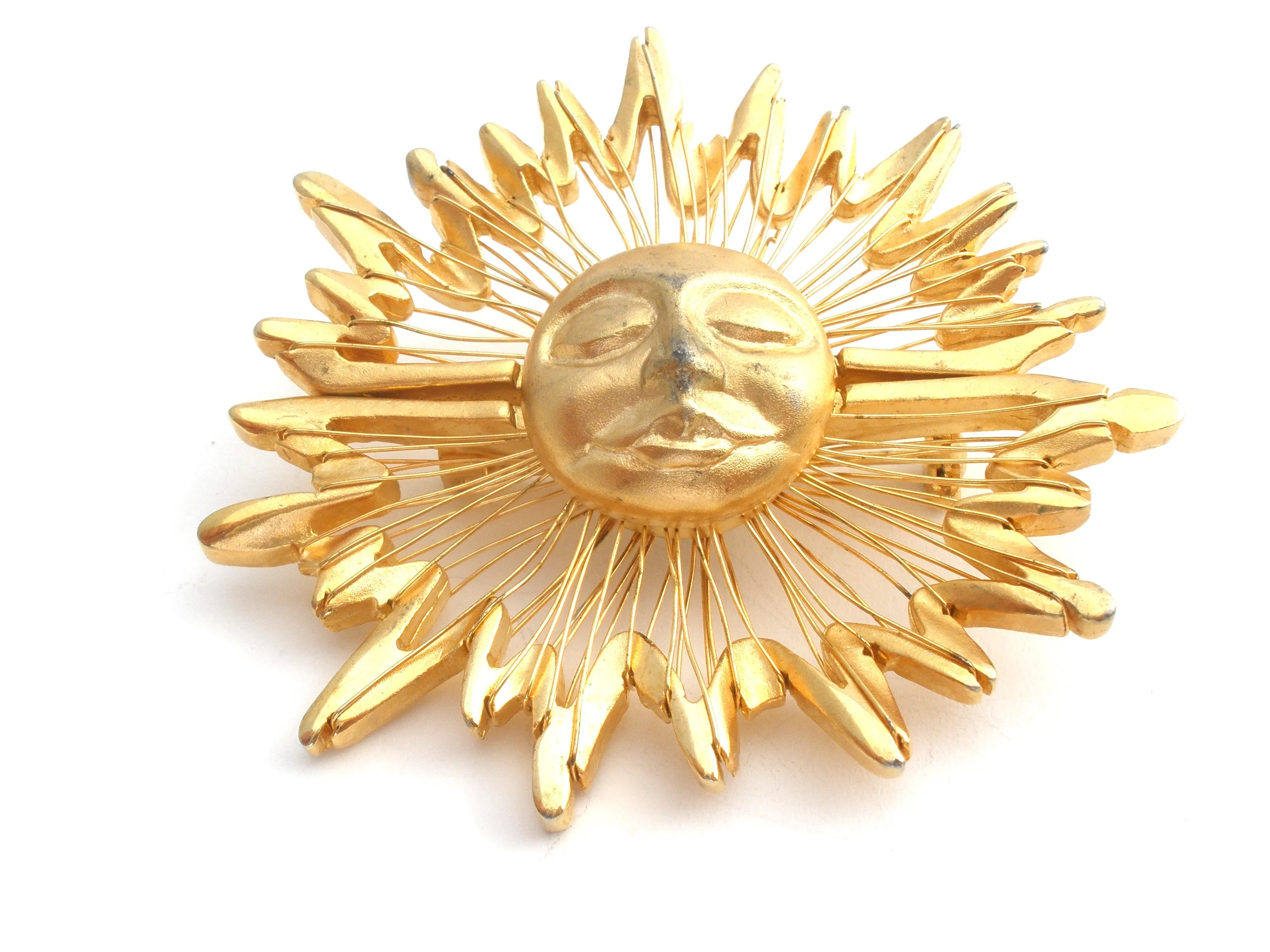 Sun Face Brooch Gold Tone Pin Vintage