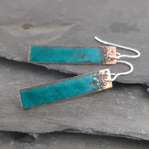 Teal speckle enamelled copper earrings on sterling silver wires