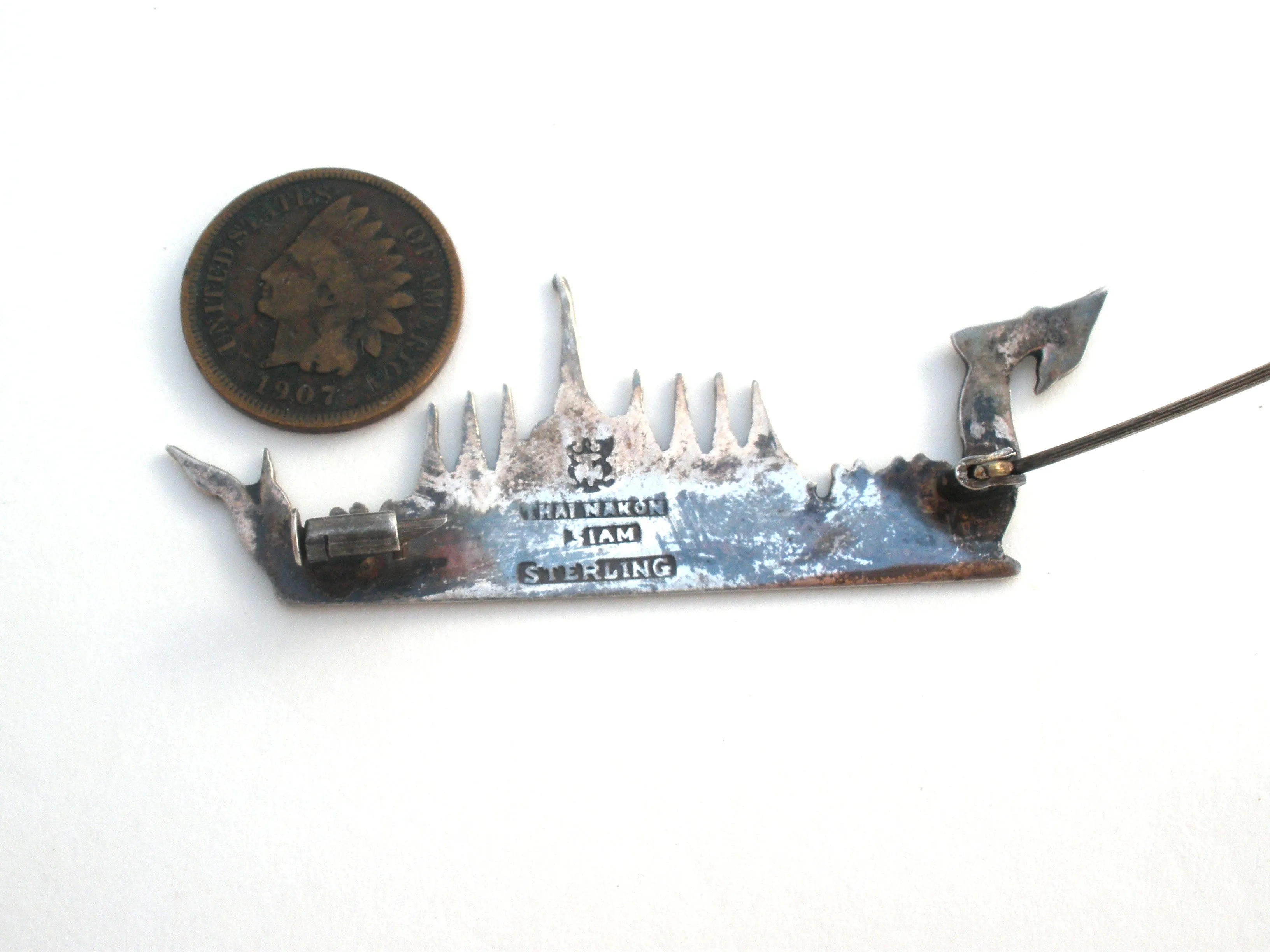 Thai Nakon Siam Sterling Silver Boat Brooch Pin Vintage