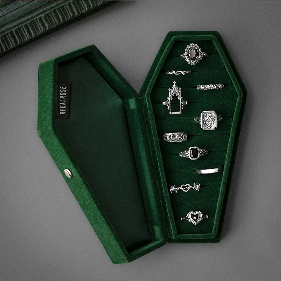 The Moss Green Velvet Coffin Ring Case