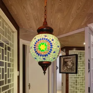 Traditional Green Stained Glass Hanging Pendant Light for Living Room