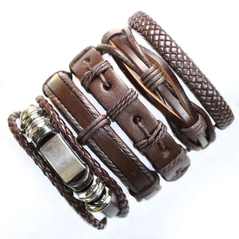 Trendy brown metal men's fashion braided ethnic genuine leather wrap wristband bracelet(5pcs/lot)