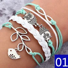 Vintage Bird Owls Anchor Wrap Leather Charm bracelets for women