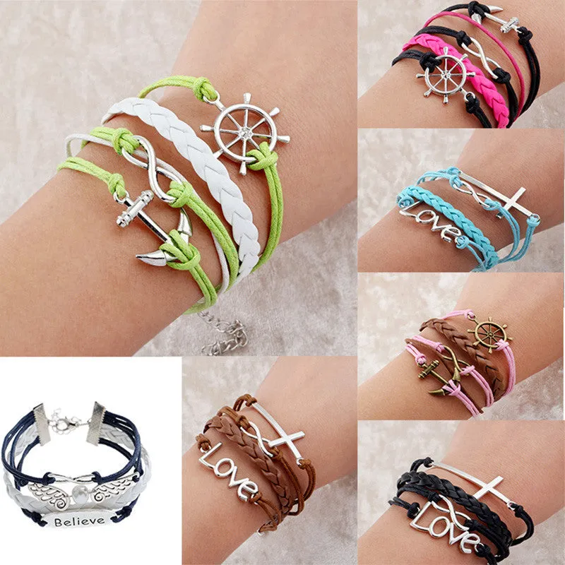 Vintage Bird Owls Anchor Wrap Leather Charm bracelets for women